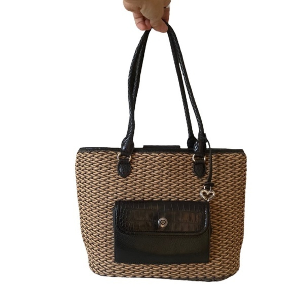 Brighton Elegant Black and Tan Woven Tote Bag Raffia style perfect summer purse
